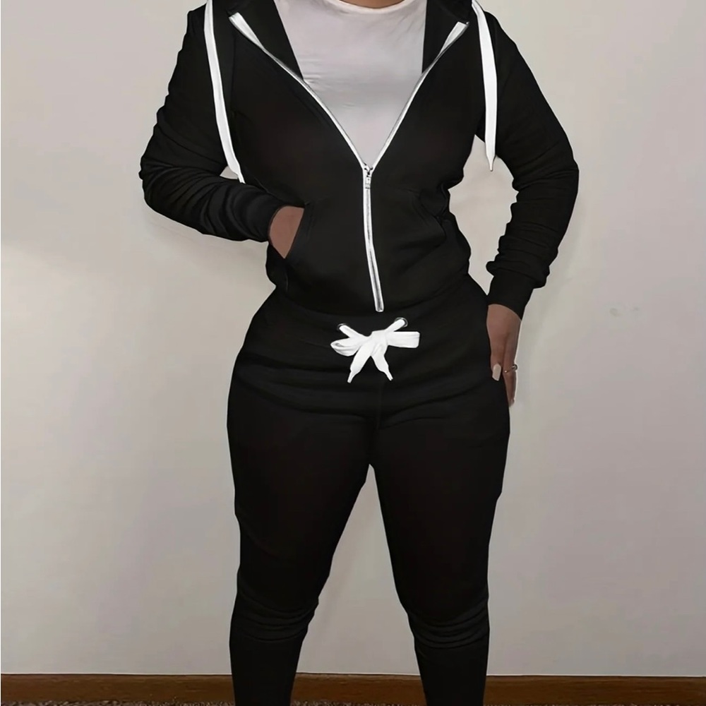 Brand New Black Drawstring 2-piece Set, Zip Up Hoodie & Pants Set L (8/10) NWOT - Picture 2 of 5
